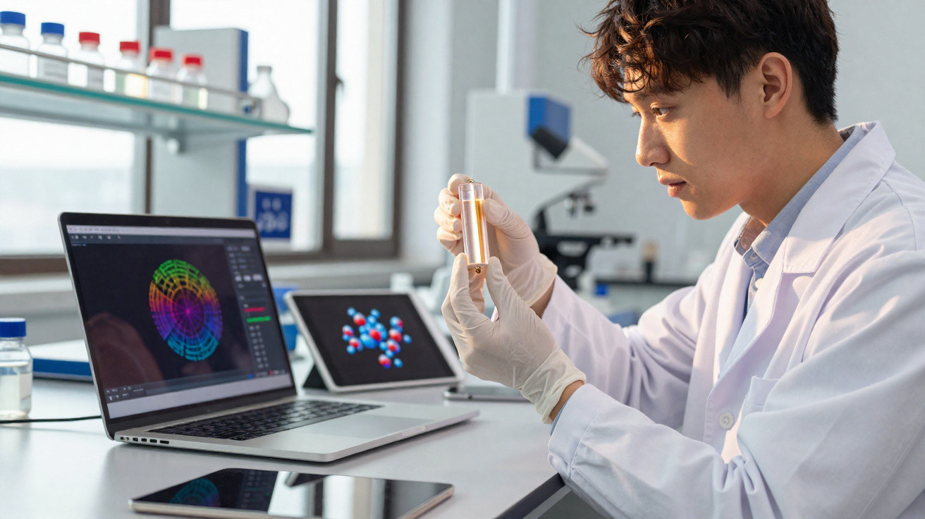 Cientista em laboratório analisa amostra líquida com gráficos moleculares em ecrãs ao fundo.