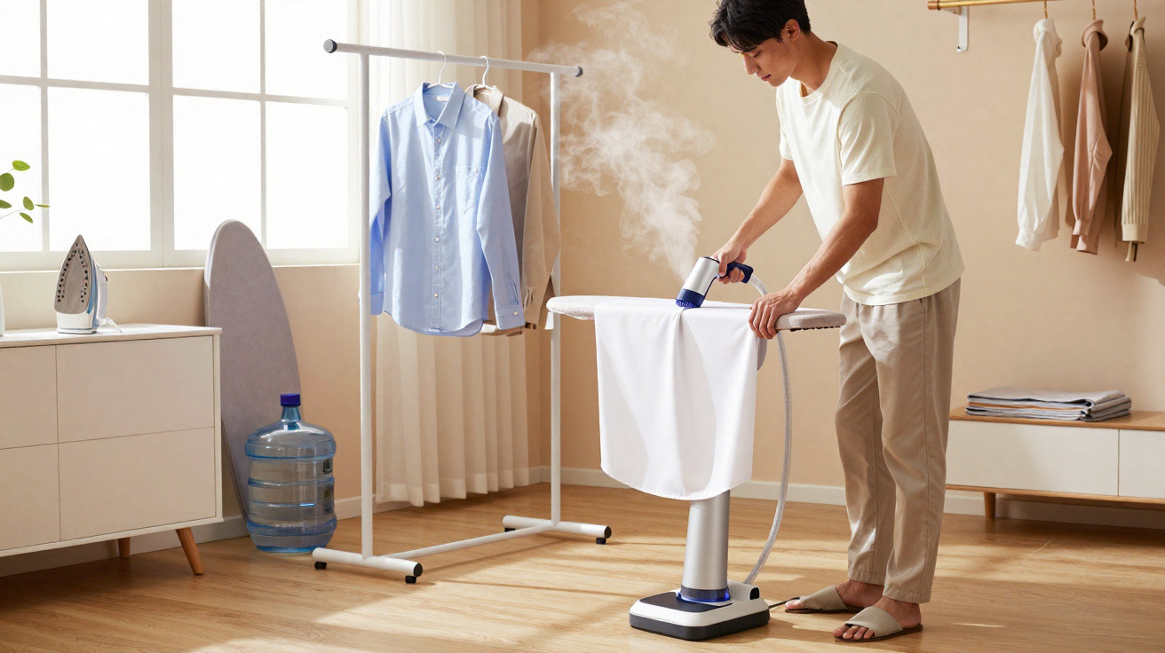Homem engomando camisa branca com vaporizador numa sala bem iluminada e organizada.
