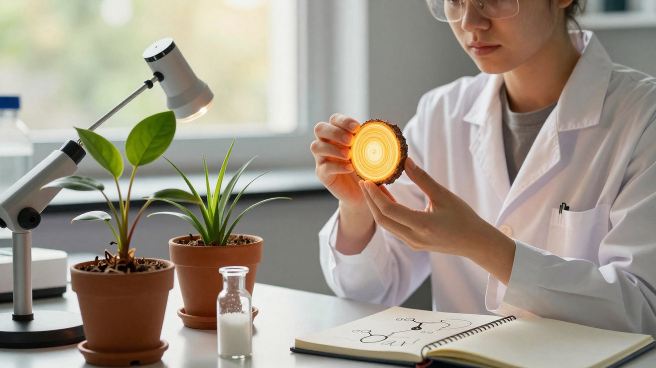 Cientista em laboratório a examinar um segmento de tronco iluminado, com plantas, microscope e caderno à sua frente.