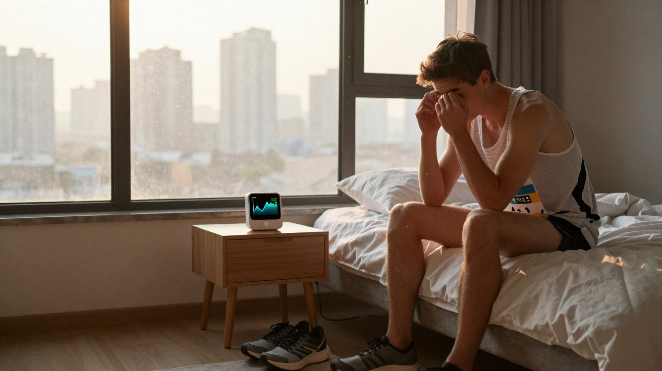 Homem sentado na cama com mãos no rosto, ao lado de relógio num quarto com vista para cidade ao amanhecer.