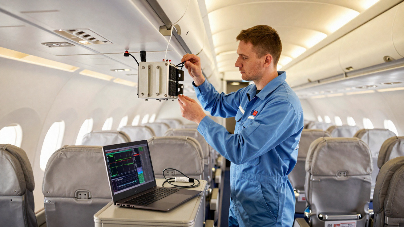 Técnico a testar equipamento de medição eletrónica no interior de um avião comercial vazio.