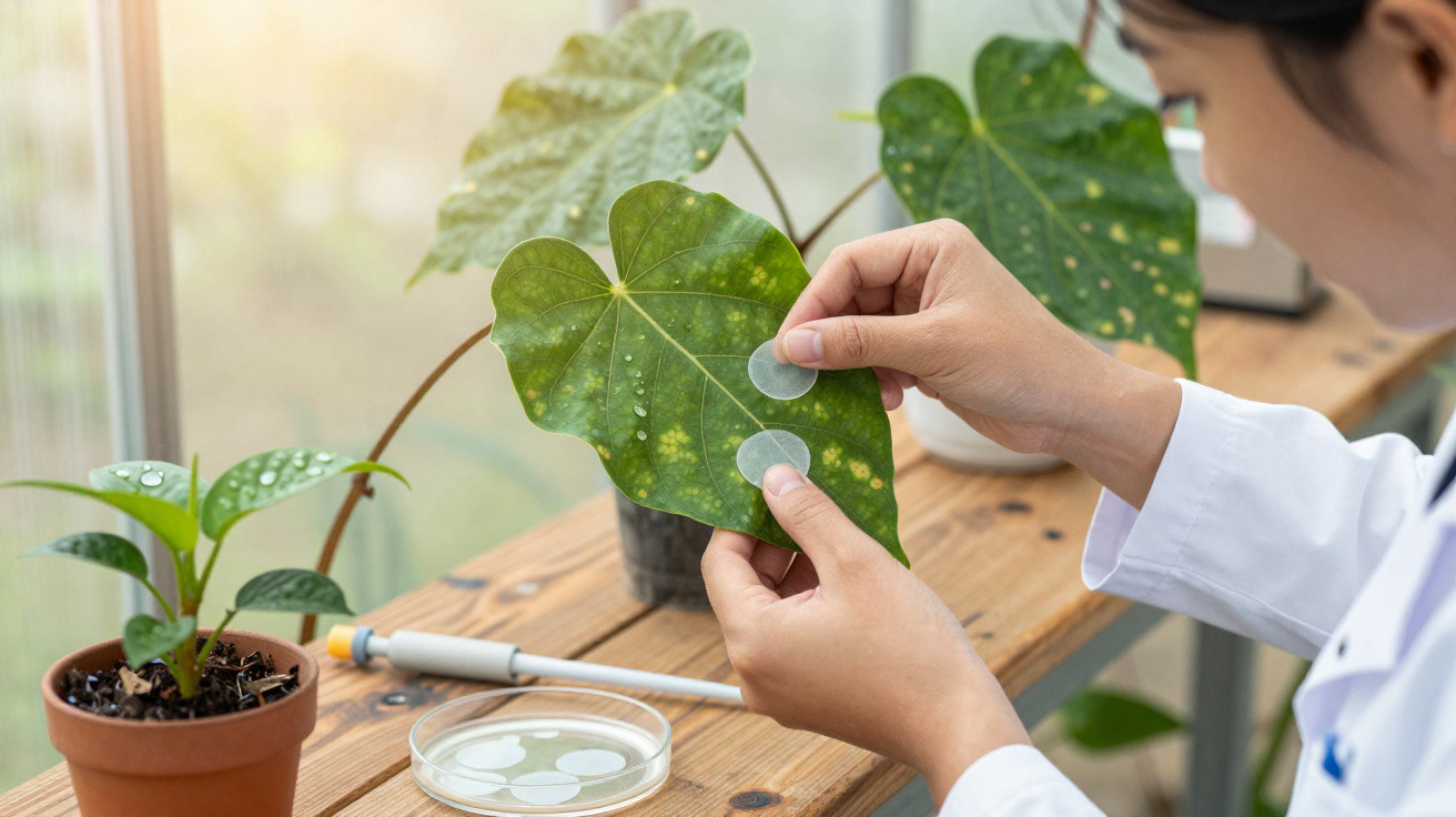 Pessoa a colocar pequenos discos transparentes numa folha verde para estudo científico de plantas.