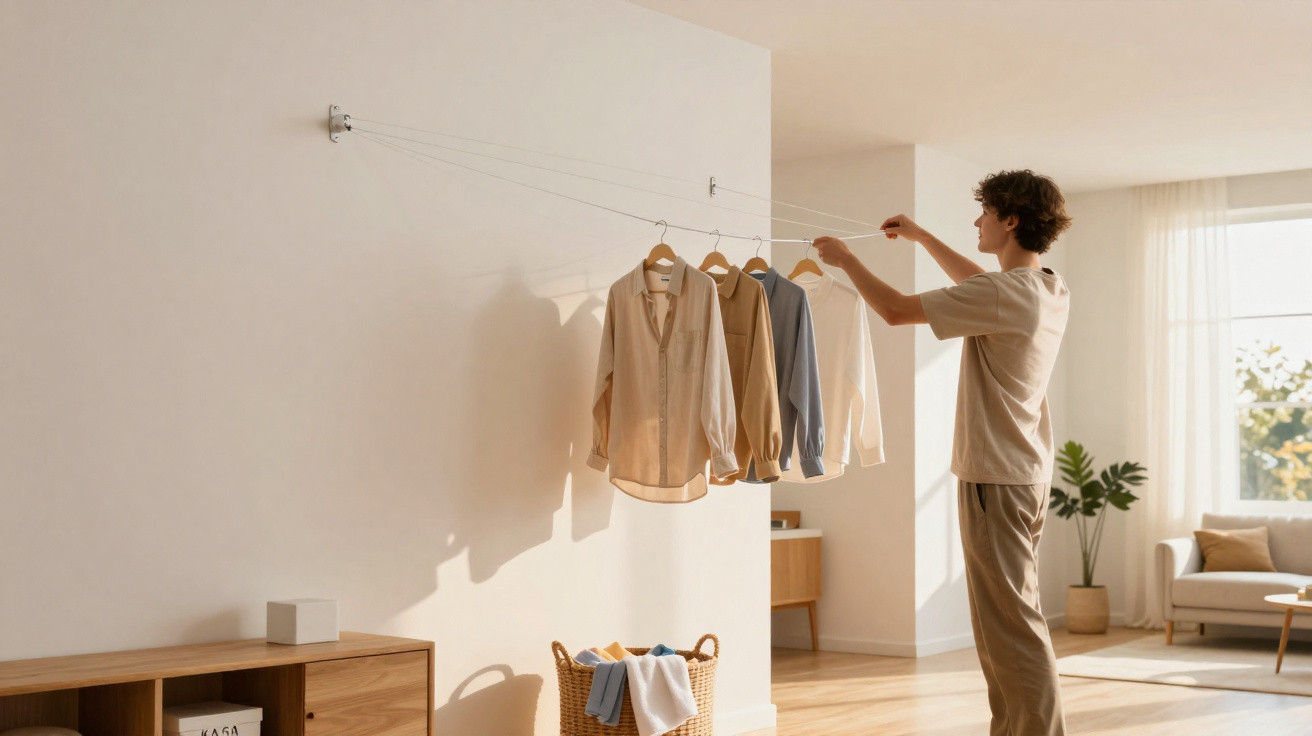 Pessoa a estender camisas penduradas numa corda retrátil numa sala iluminada e minimalista.