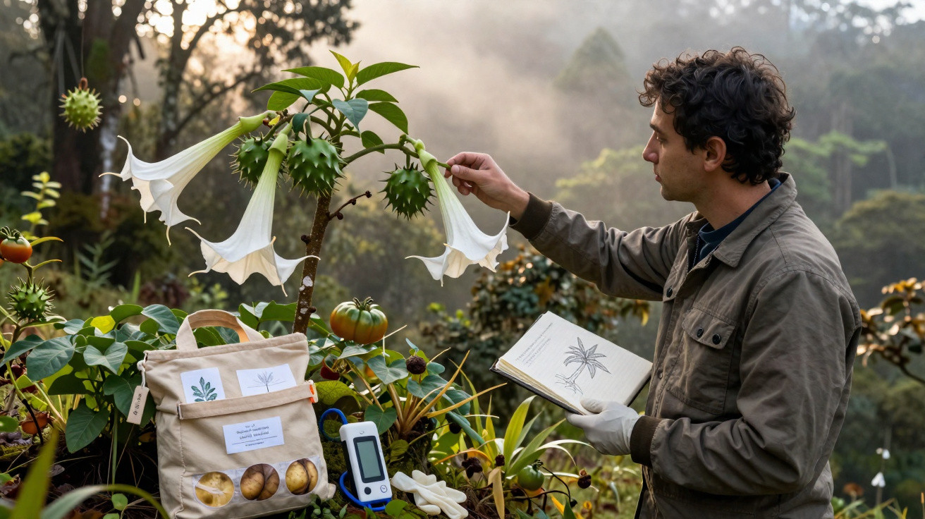 Homem a examinar flor branca grande numa planta, segurando livro aberto num jardim natural.